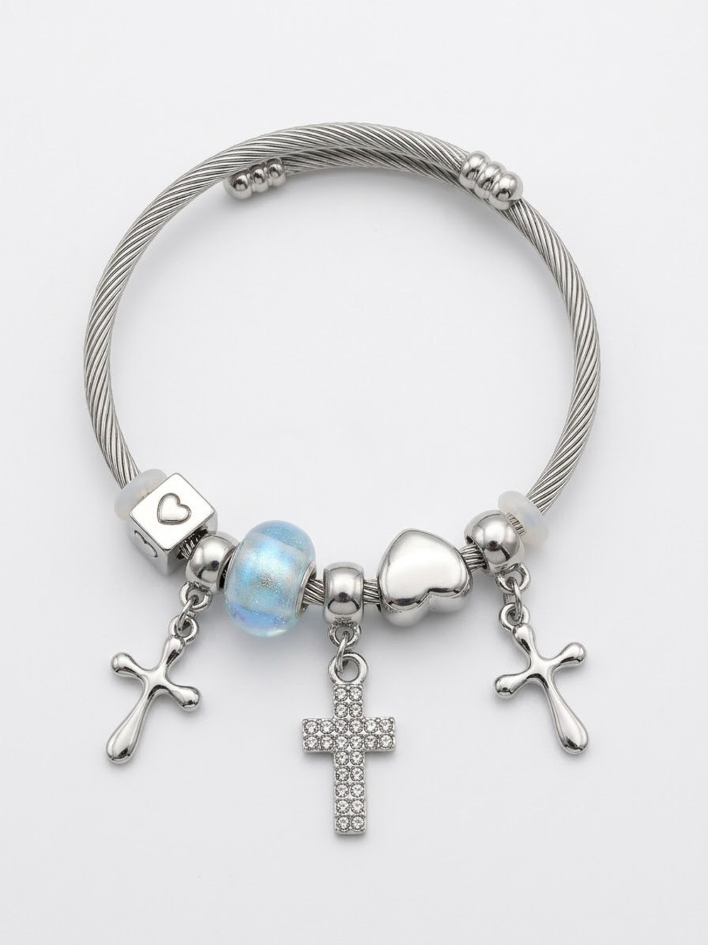 Hand Crafted Silver-Tone cross Charm Bracelet with Opalescent Blue Bead, NEW
